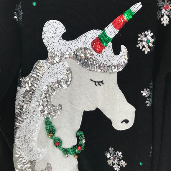 Christmas Unicorn Jingle Bells Tinsel Sequins Ugly Sweater Plus Size 1X Black - Picture 4 of 7